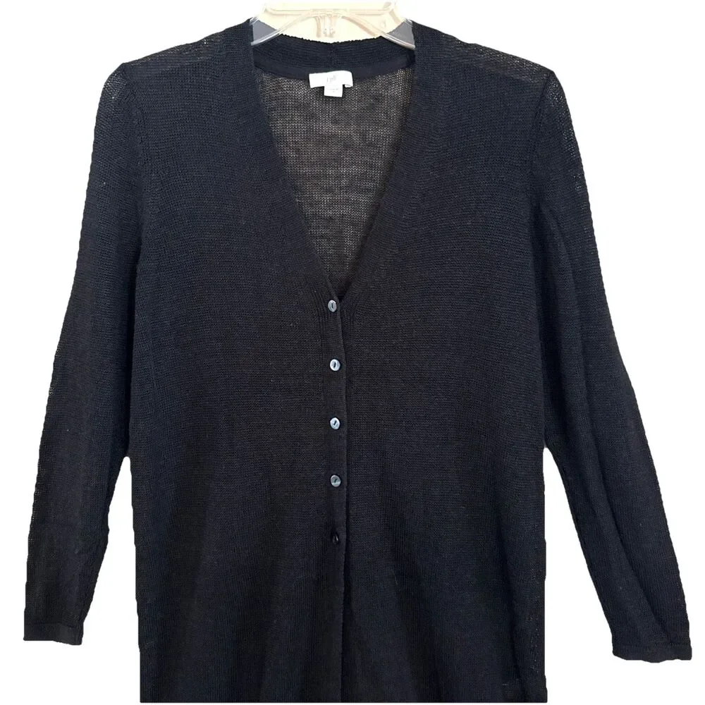 J Jill Linen Open Knit Duster Cardigan Womens Sz S Black Lightweight Lagenlook